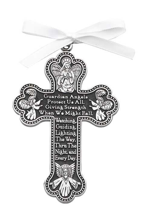 Guardian Angel Cross Crib Medal with Ribbon