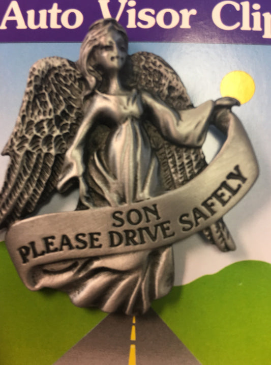 Visor Clip Angel With Banner "Son Please Drive Safely"