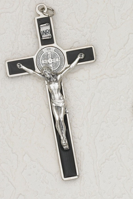 Saint Benedict Black Enamel Wall Cross - Silver Tone Medal