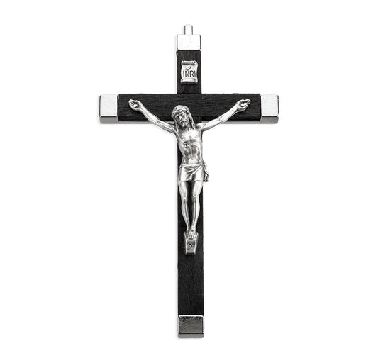 Black Wood, Metal Bound Wall Crucifix - 5.5"