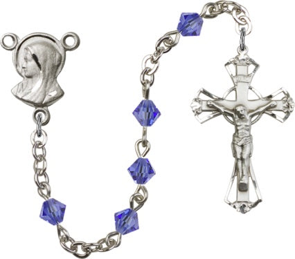 Rosary with Sapphire Swarovski beads and sterling silver crucifix and center