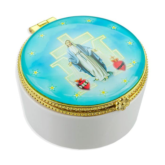 Porcelain Rosary Box with Miraculous Medal Glass Cover