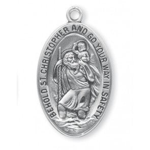 St. Christopher oval sterling silver medal on 24 inch stainless steel chain