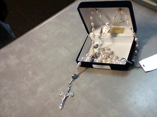 Pearl Rosary with Zircon December Rondelle Rosary