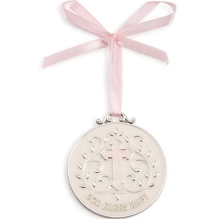 Crib Medal for Girl - God Bless Baby Keepsake Medallion - Pink