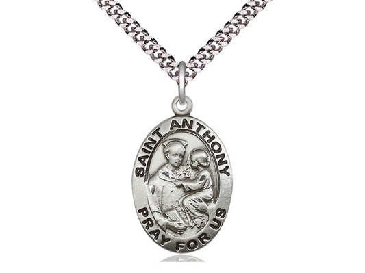 St. Anthony Sterling Silver Oval Medal with 24" Rhodium Chain