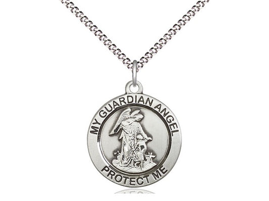 Guardian Angel Round Sterling Silver Medal with 18" Rhodium Chain