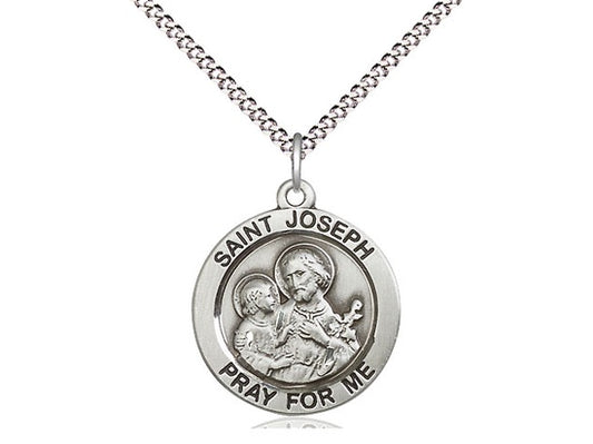 St. Joseph Round Sterling Silver Medal on Rhodium Chain