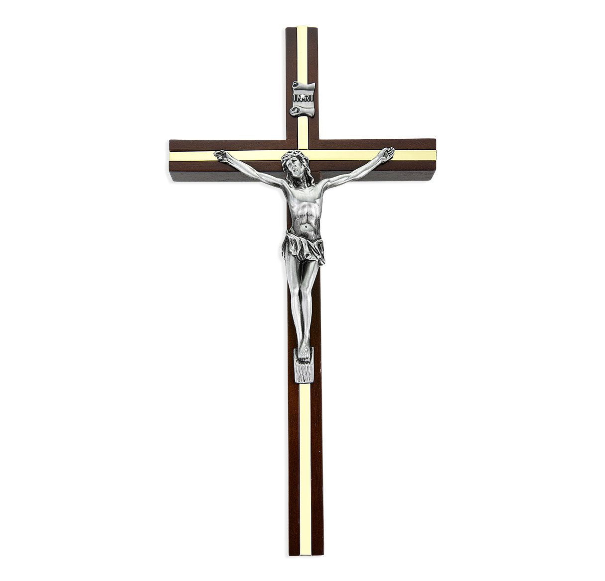 10" Walnut Crucifix with Gold Inlay and Antique Silver Finish Corpus