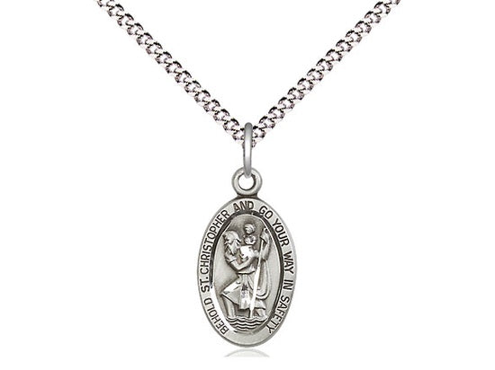 St. Christopher Oval Sterling Silver Medal with Rhodium Chain