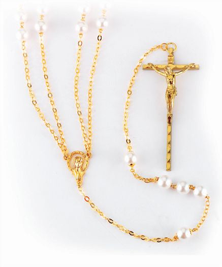 Imitation Pearl Lasso Wedding Rosary with Gold Plated Chain Crucifix and Center