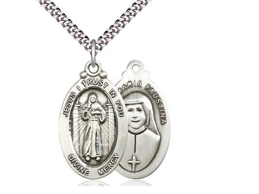 Divine Mercy Sterling Silver Oval Medal with 24" Chain