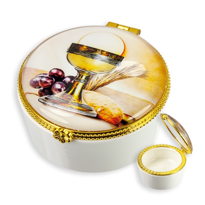 Porcelain Rosary Box with Communion Chalice Glass Cover 1 1/2" high x 2 3/8" diameter