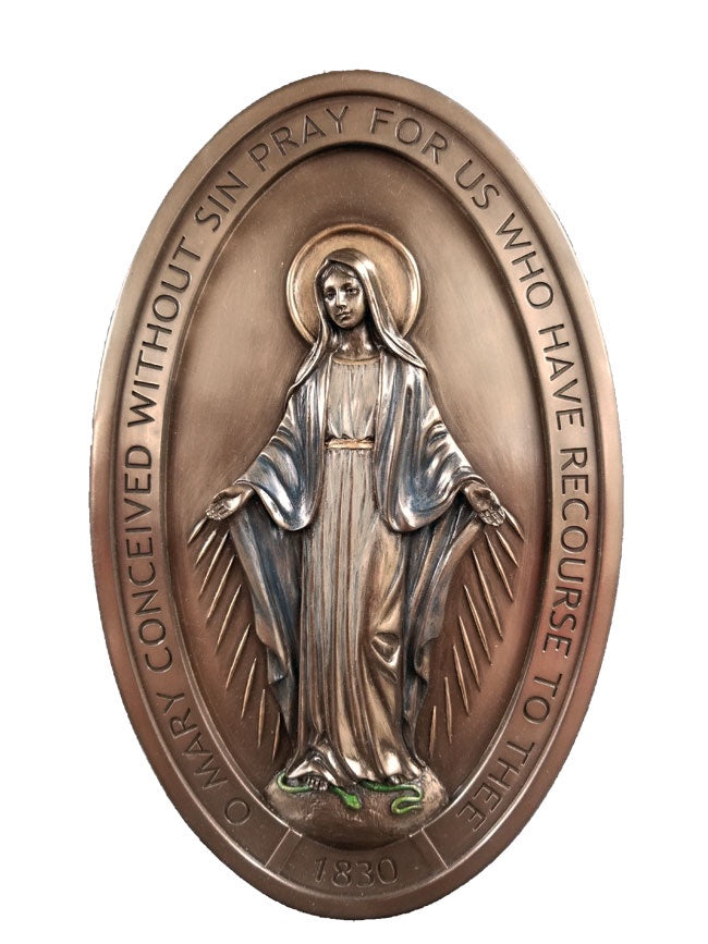 Miraculous Medal Plaque, Metalic, Lightly Hand-Painted, 5x8"