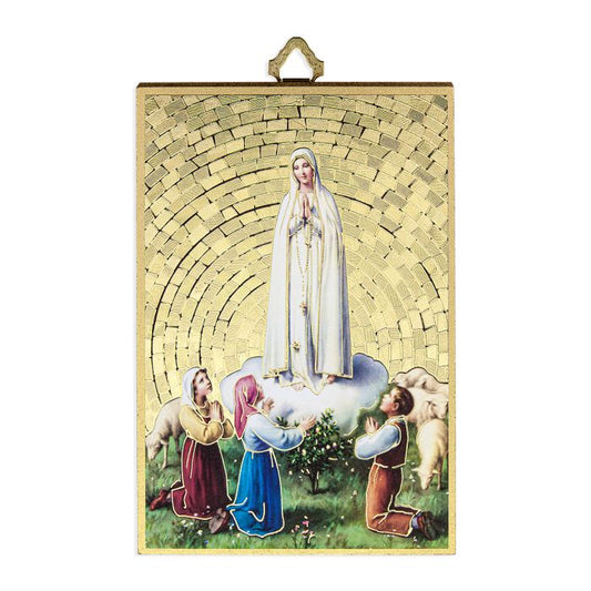 Our Lady of Fatima Gold Foil Mosaic Wood Plaque