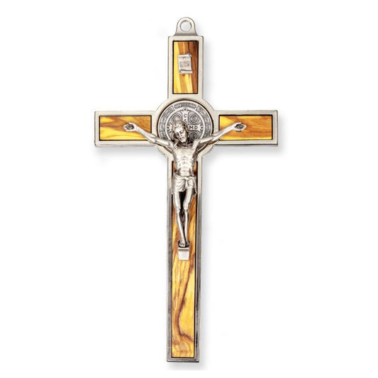 Saint Benedict Silver Finish Crucifix with Wood Inlay