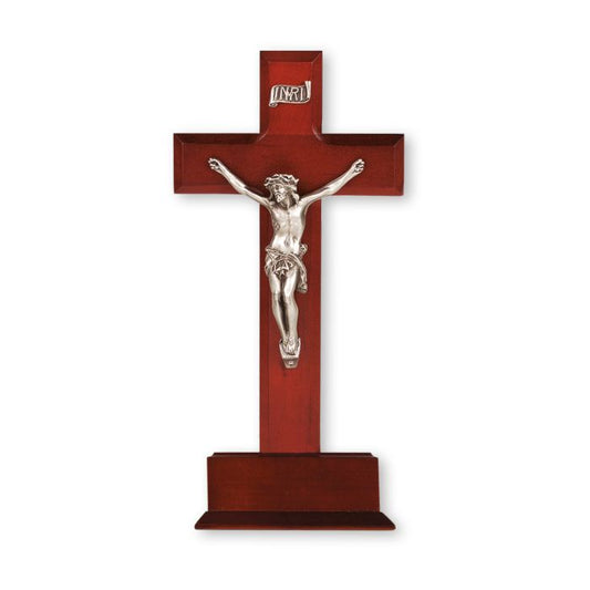Dark Cherry Wood Standing Crucifix With Antiqued Fine Pewter Corpus - 10"