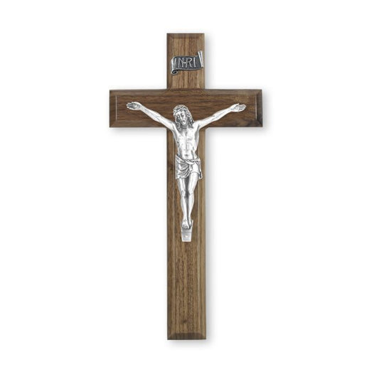 Walnut Wood Cross with Pewter Corpus - 10"