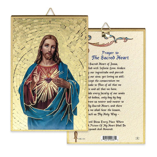 Sacred Heart of Jesus Mosaic Gold Foil Wood Plaque with Prayer