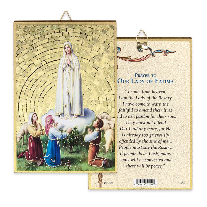 Our Lady of Fatima Gold Foil Mosaic Wood Plaque