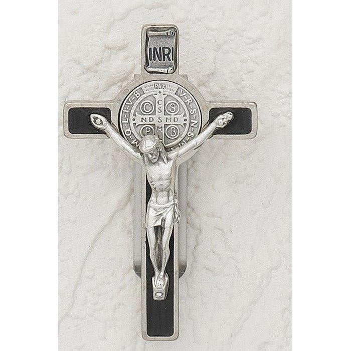 St. Benedict Silver tone Crucifix - Visor Clip - Black Enamel