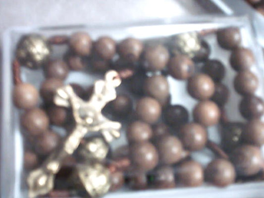 Rosary - Round brown beads - Corded - Brass Our Father beads - Brown Crucifix