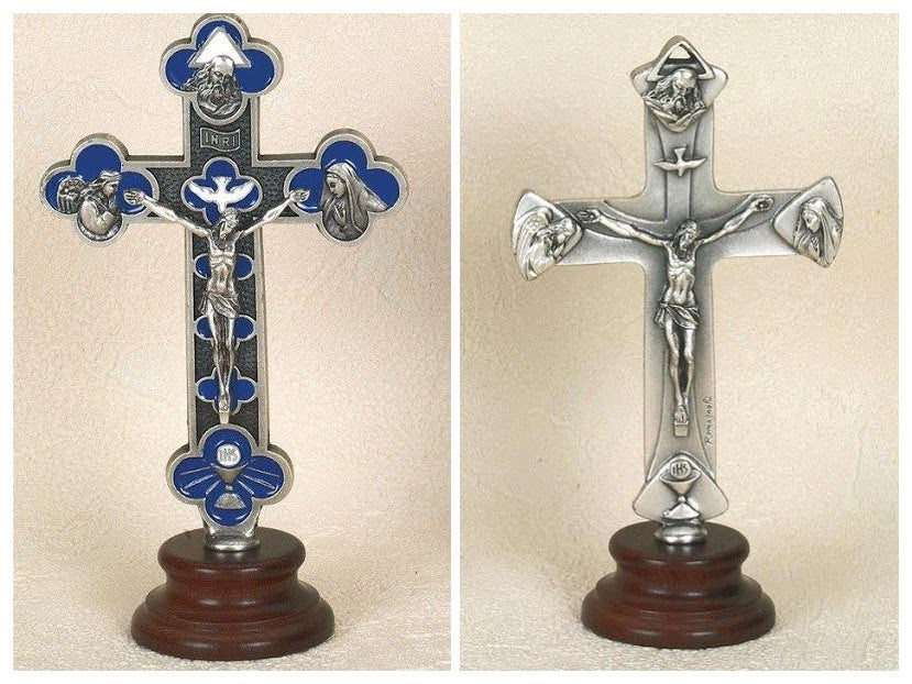 Trinity Standing Crucifix - Silver Tone, On Wooden Base