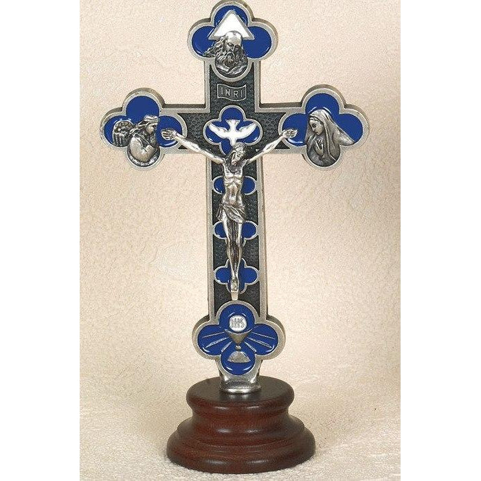 Trinity Standing Crucifix - Silver Tone, On Wooden Base