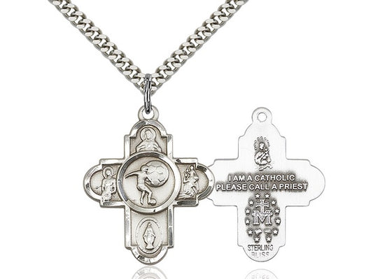 Sterling Silver 5 Way  Cross for Soccer with Stainless Steel Chain