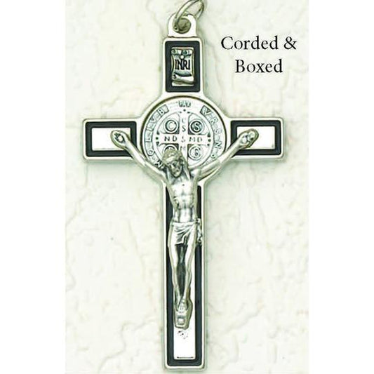 Saint Benedict Deluxe Black Enamel Crucifix - Silver Tone Medal