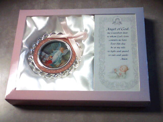 Guardian Angel crib medal with pink enamel and ribbon