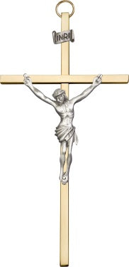 6 inch Antique Silver Crucifix on a Polished Brass Cross   Size: 6 x 3