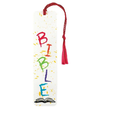 Bookmark with Bible written on front in primary colors with tassel