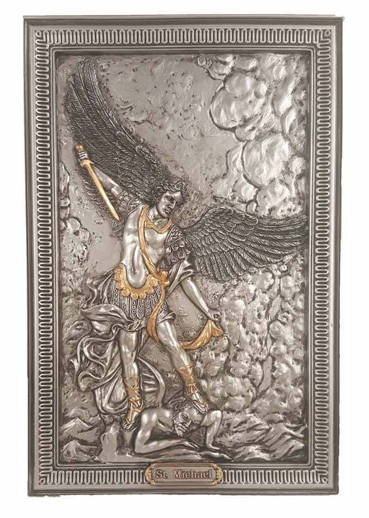 St. Michael Plaque, Pewter Style Finish, Golden Highlights, 6x9"