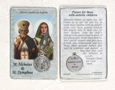 St. Nicholas & St. Dymphna Holy Card with Medal - Patron Saints of Autism