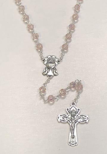 First Communion Rose Glass Rosary With Silver Toned Chalice Center