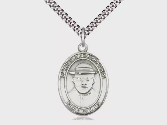 St. Damien of Molokai sterling silver oval medal with chain