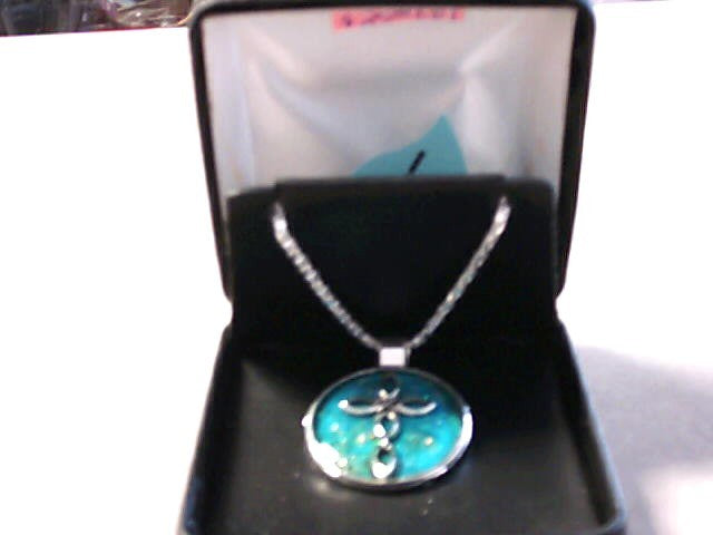 Cross medal with turquoise enamel background on silver plate 18 inch necklace