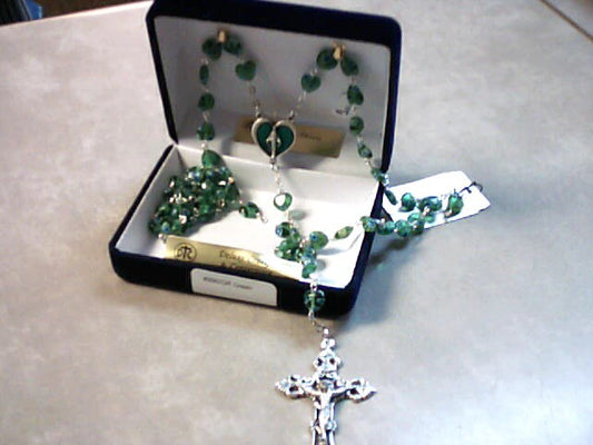 Green heart rosary with green enamel center and deluxe crucifix