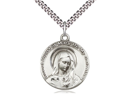 Immaculate Heart of Mary Round Sterling Silver Medal with Rhodium Chain