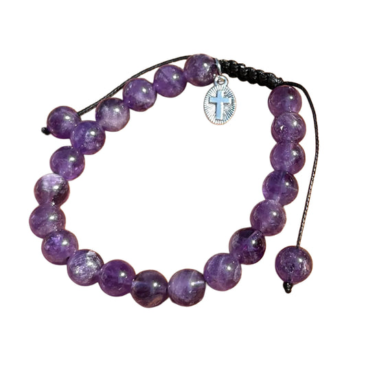 Genuine Amethyst Gemstone Bracelet with Cross Charm - 7"