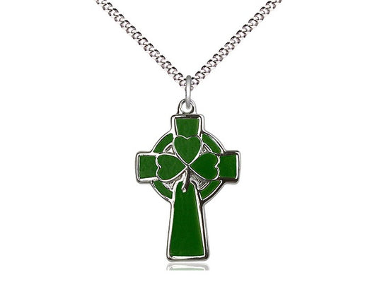 Sterling Silver Celtic Cross in Green Enamel with 18" Rhodium Chain