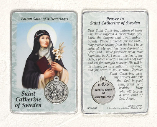 St. Catherine of Sweden Holy card with medal - patron saint of Miscarriages