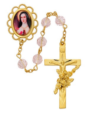 St. Therese Of Lisieux Rosary With Pink Crystal Beads And Gold Tone