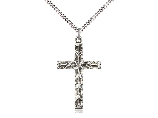 Sterling Silver Engraved Cross with 18" Rhodium Chain