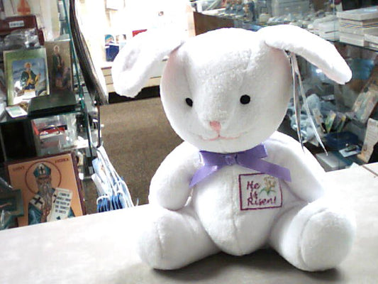 Easter bunny stuffed animal with "He is Risen!" embroidered