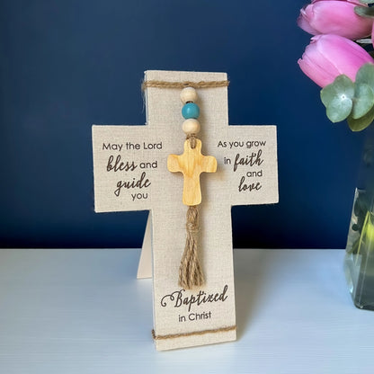 Baptized in Christ Fabric Cross (Blue or Pink)