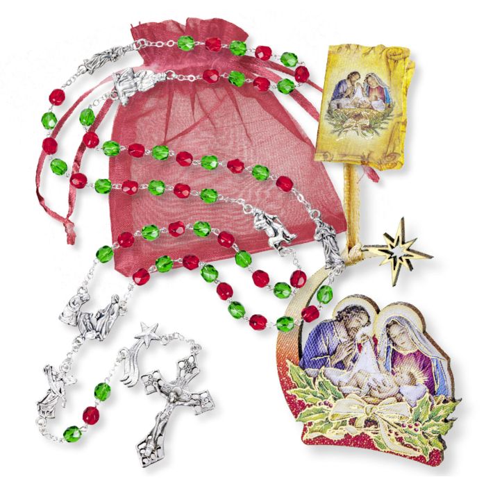 Christmas Rosary with Holy Family Ornament in Organza Bag