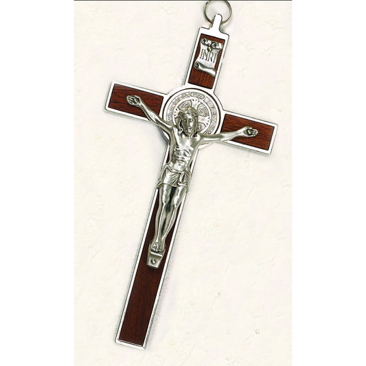 St. Benedict Crucifix 8” - Brand Premium with Wood Inlay