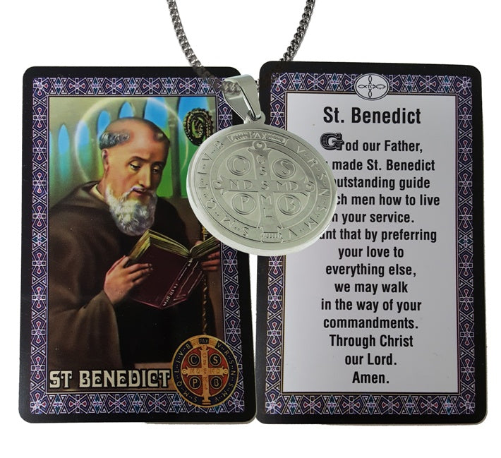 St. Benedict: Stainless Steel Medal Necklace 20″ Chain and Holy Card